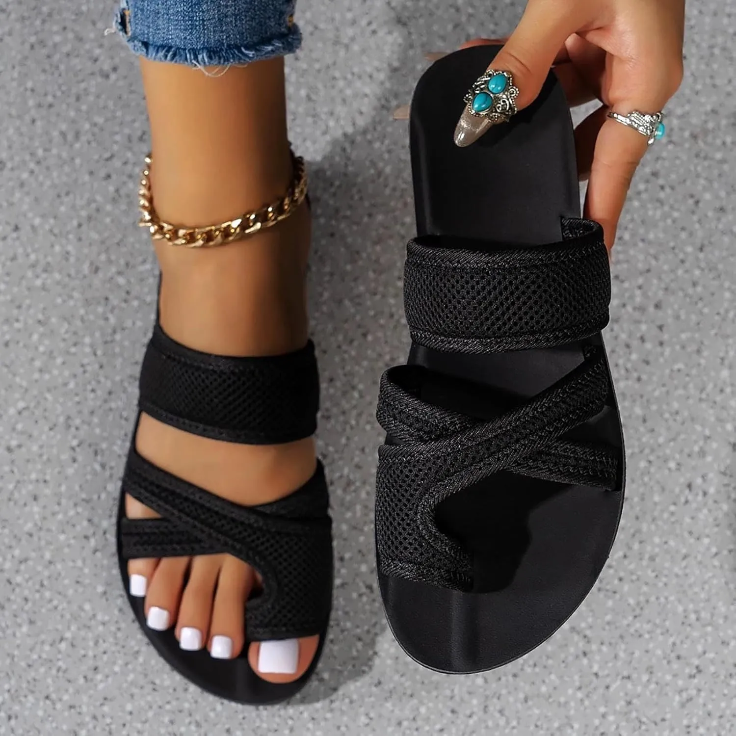 2024 Women's Hollow Mesh Slide Sandals - Dressy Summer Flats Orthopedic Arch Support Slip On Breathable Mesh Sandals