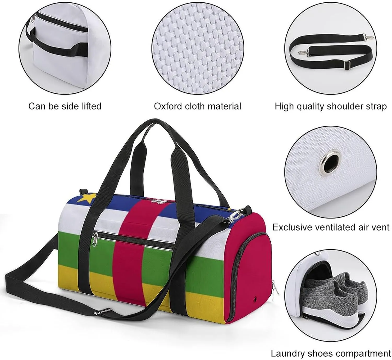 Central African Republic Flag Sports Gym Bag for Boys Girls with Shoe Compartment Weekender