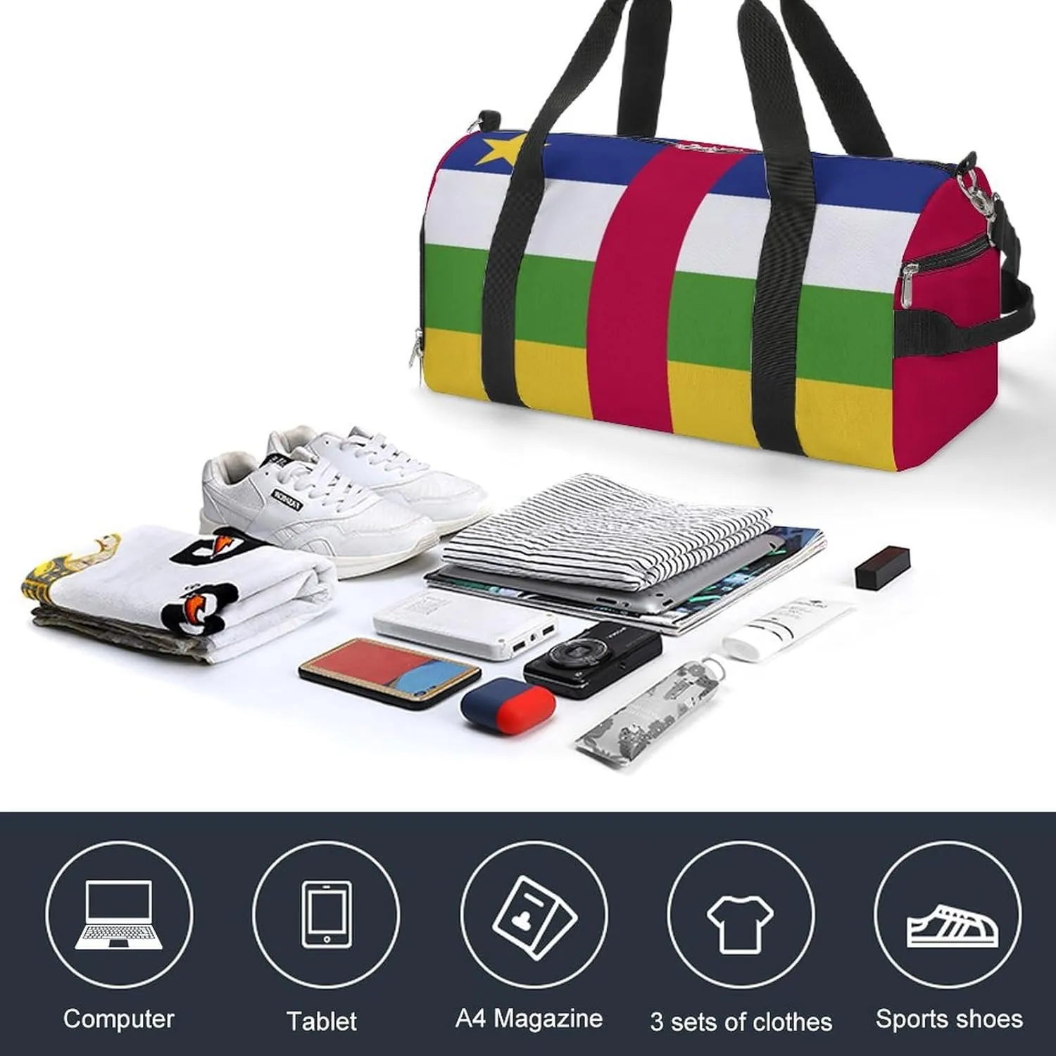 Central African Republic Flag Sports Gym Bag for Boys Girls with Shoe Compartment Weekender
