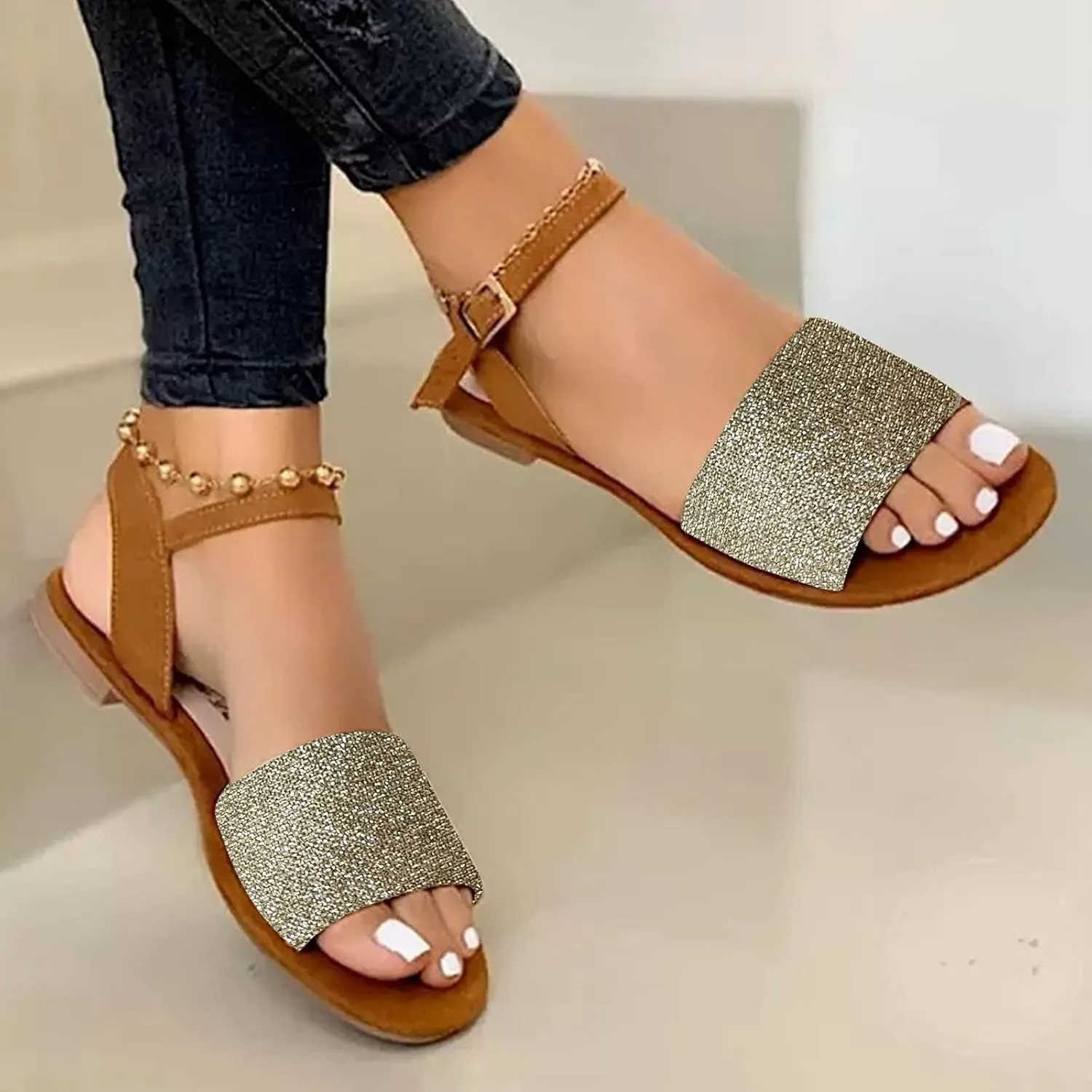 Eduavar Sandals Women, Women's Sandals Dressy Summer Sandals Size Large Buckle Open Toe Sandals Flat Shoes