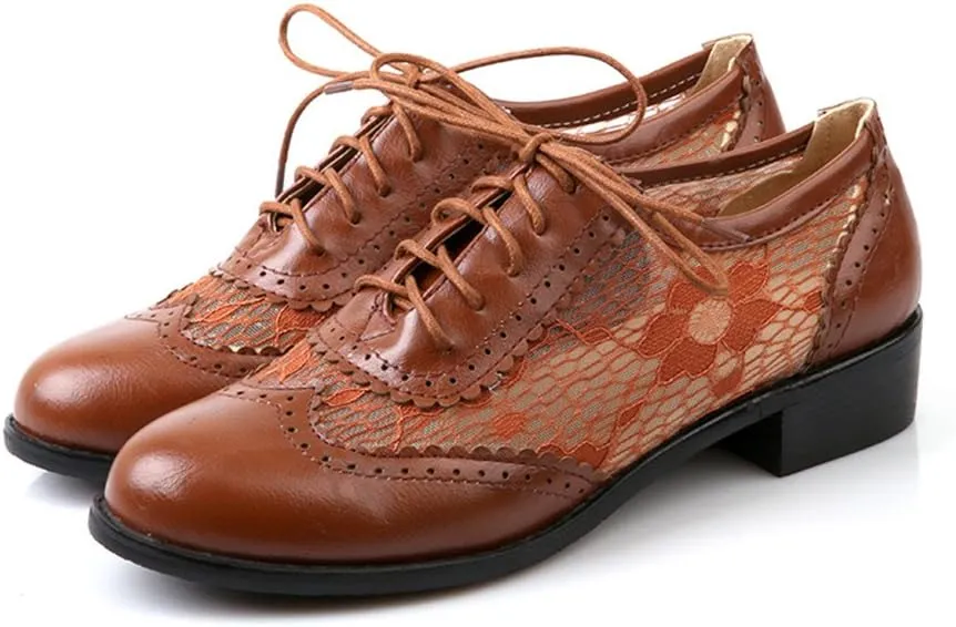 ELFY Women's Perforated Lace-up Wingtip Close Front Brogue Shoes Vintage Lace Oxford Shoes