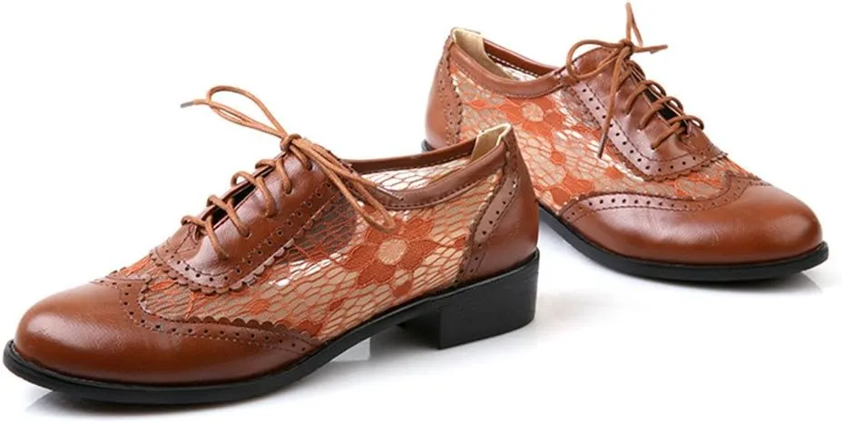 ELFY Women's Perforated Lace-up Wingtip Close Front Brogue Shoes Vintage Lace Oxford Shoes
