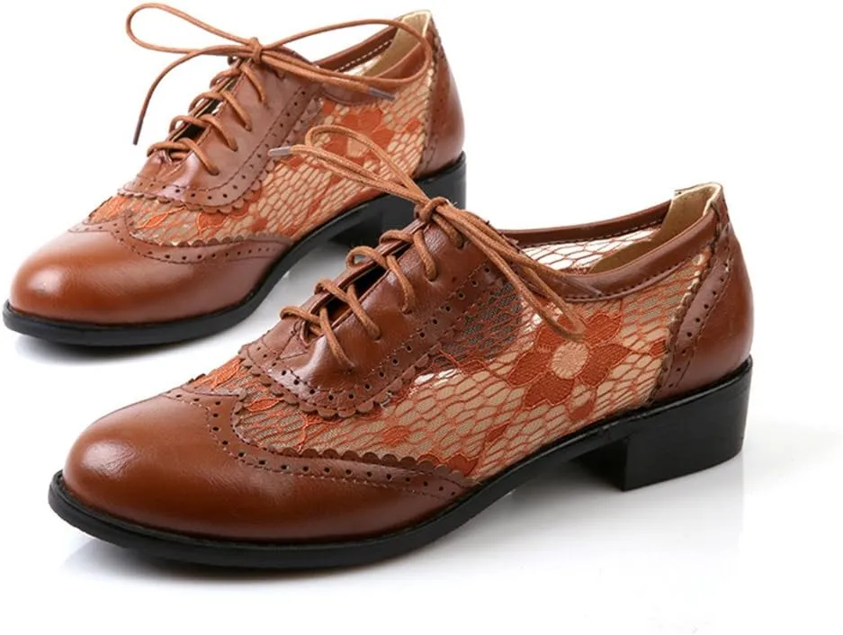 ELFY Women's Perforated Lace-up Wingtip Close Front Brogue Shoes Vintage Lace Oxford Shoes