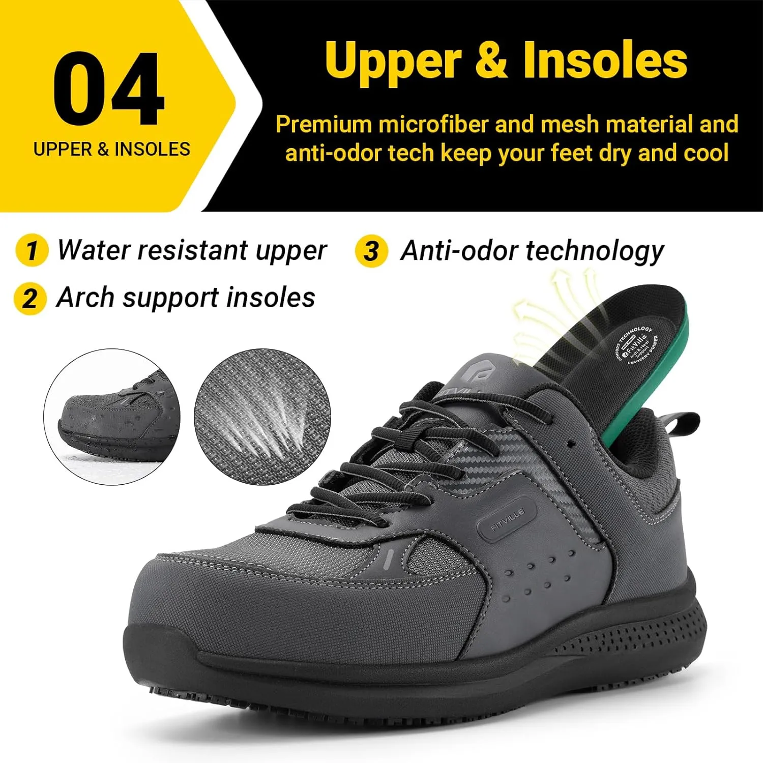 FitVille Extra Wide Steel Toe Shoes for Men Wide Water Resistant Leather Composite Toe Work Shoes for Men Slip Resistant