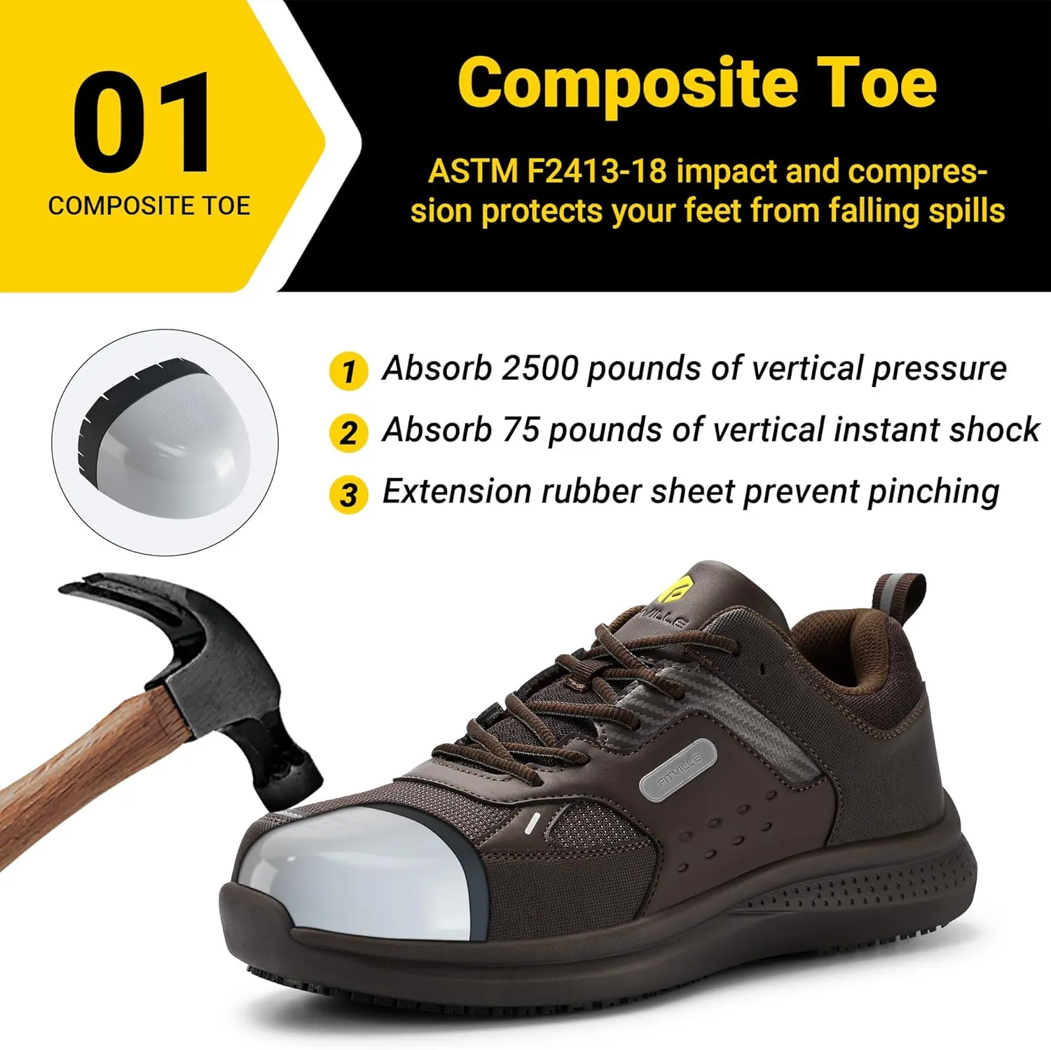 FitVille Extra Wide Steel Toe Shoes for Men Wide Water Resistant Leather Composite Toe Work Shoes for Men Slip Resistant