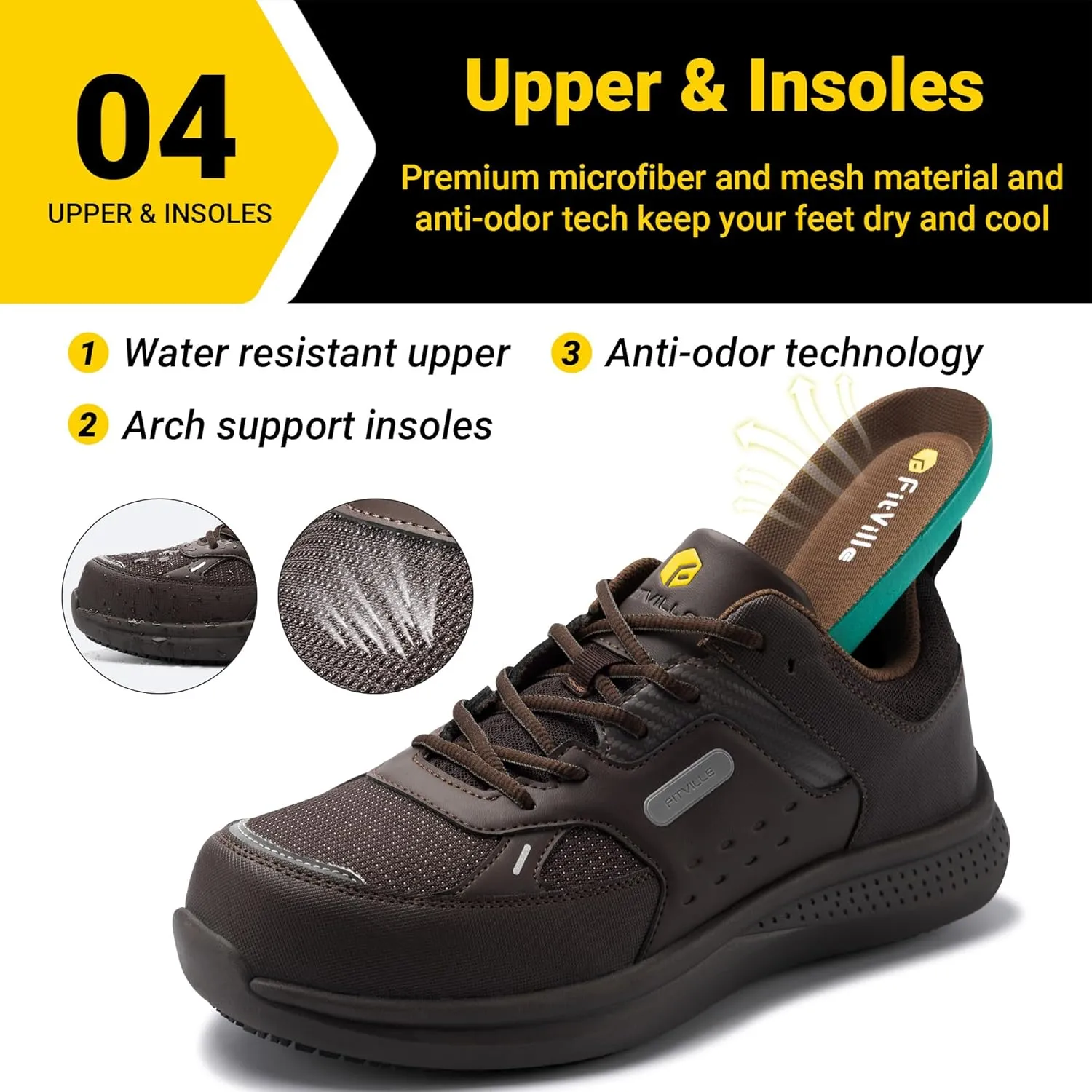 FitVille Extra Wide Steel Toe Shoes for Men Wide Water Resistant Leather Composite Toe Work Shoes for Men Slip Resistant