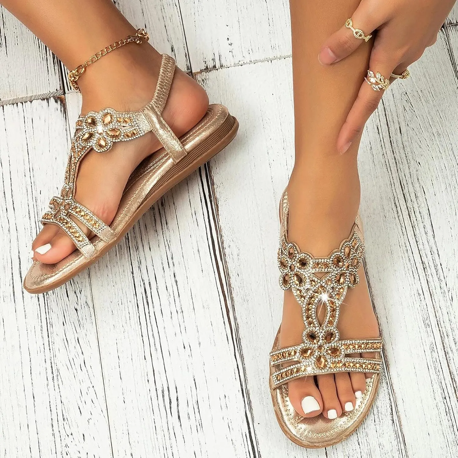Flat Sandals for Women Dressy Open Toe Summer Elegant Walking Shoes T-Strap Buckle Bohemian Pearl Crystal Flat Casual Sandals