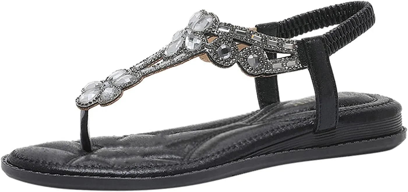 Flat Sandals Open Toe Slingback Shoes Womens Walking Sandals Comfortable Ankle Elastic Jeweled Bohemian Flats