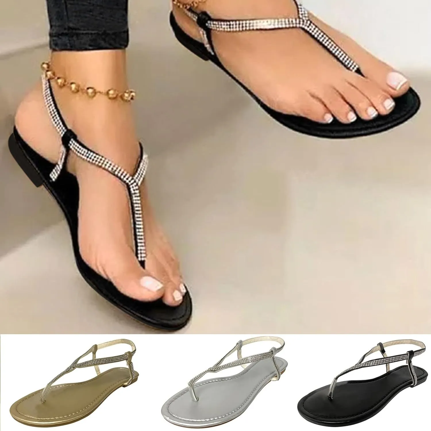 Flats Sandals for Women Orthopedic Bohemian Fashion Breathable Summer Rhinestone Memory Foam Platform Shoes