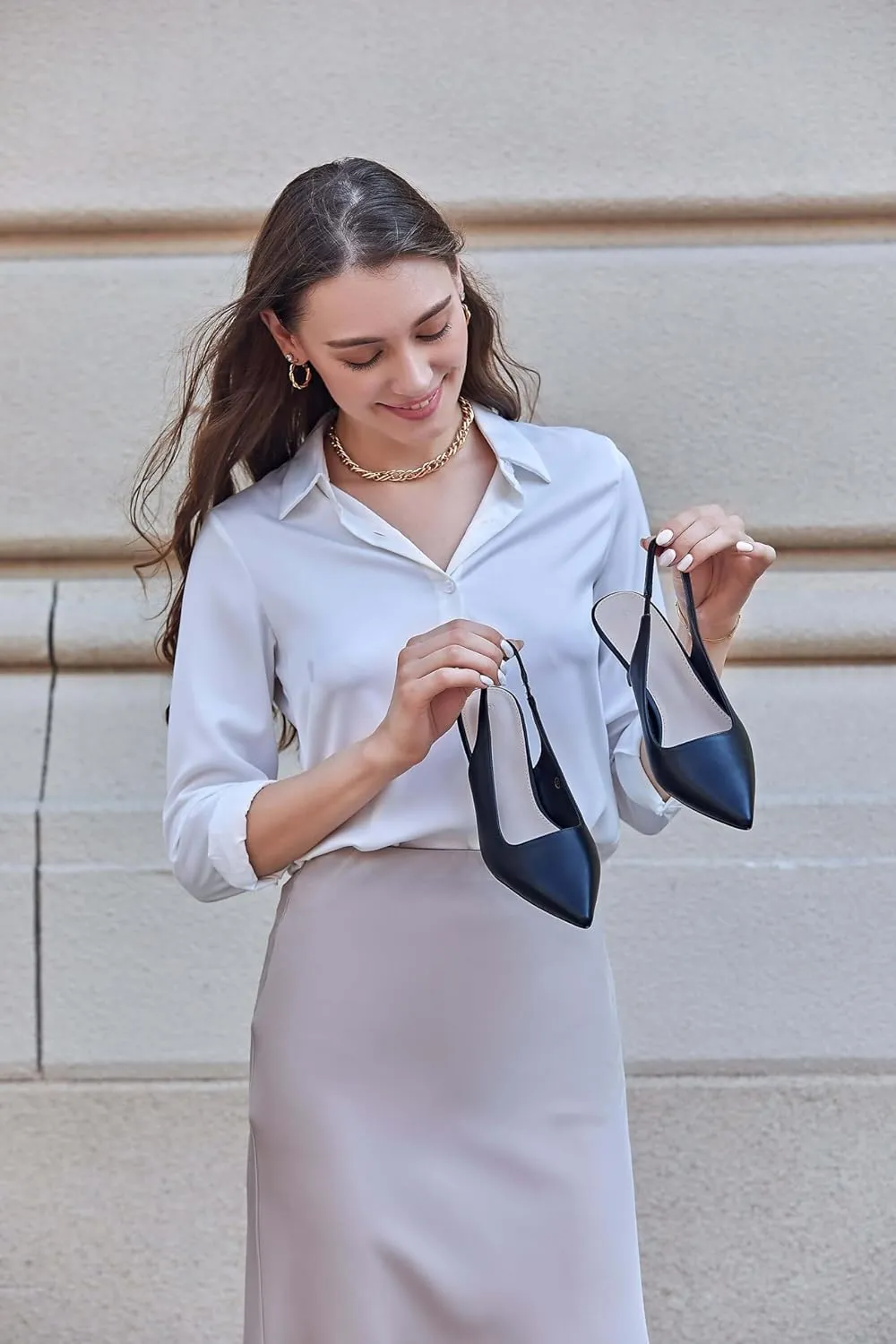 gihubafuil Women??s Low Kitten Heel Pumps Shoes Closed Pointed Toe Heels Casual Slingback Slip-on Dress Shoes