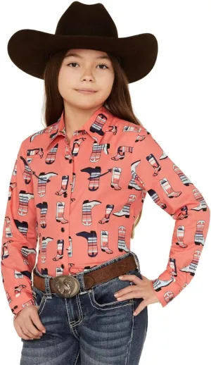 Girls' Boot Print Long Sleeve Pearl Snap Western Shirt Coral Medium US