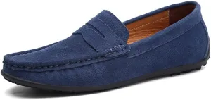HOOENG Driving Moccasins for Men Genuine Leather Stitching Details Round Toe Suede Vamp Penny Loafer Rubber Sole Lightweight Resistant Flat Heel Walking (Color : Deep Blue, Size : 9)