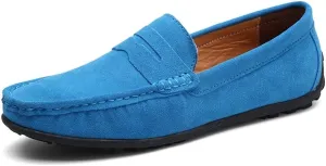 HOOENG Driving Moccasins for Men Genuine Leather Stitching Details Round Toe Suede Vamp Penny Loafer Rubber Sole Lightweight Resistant Flat Heel Walking (Color : Light Blue, Size : 11.5)