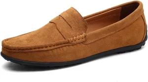 HOOENG Driving Moccasins for Men Genuine Leather Stitching Details Round Toe Suede Vamp Penny Loafer Rubber Sole Lightweight Resistant Flat Heel Walking (Color : Light Brown, Size : 7.5)