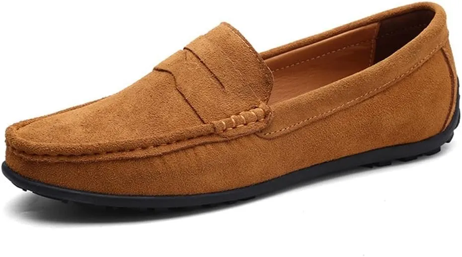 HOOENG Driving Moccasins for Men Genuine Leather Stitching Details Round Toe Suede Vamp Penny Loafer Rubber Sole Lightweight Resistant Flat Heel Walking (Color : Light Brown, Size : 7.5)