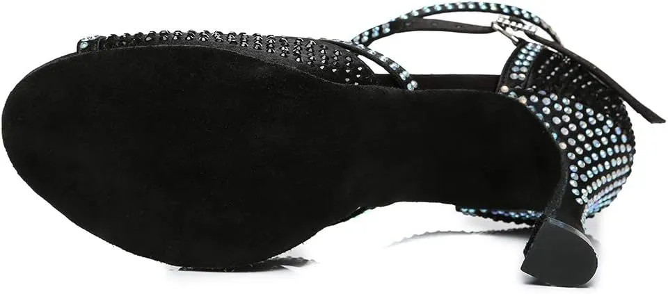 JUODVMP Latin Dance Shoes for Women Peep Toe Ballroom Salsa Tango Professional Dance Heels with Rhinestones