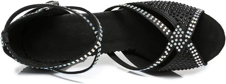 JUODVMP Latin Dance Shoes for Women Peep Toe Ballroom Salsa Tango Professional Dance Heels with Rhinestones