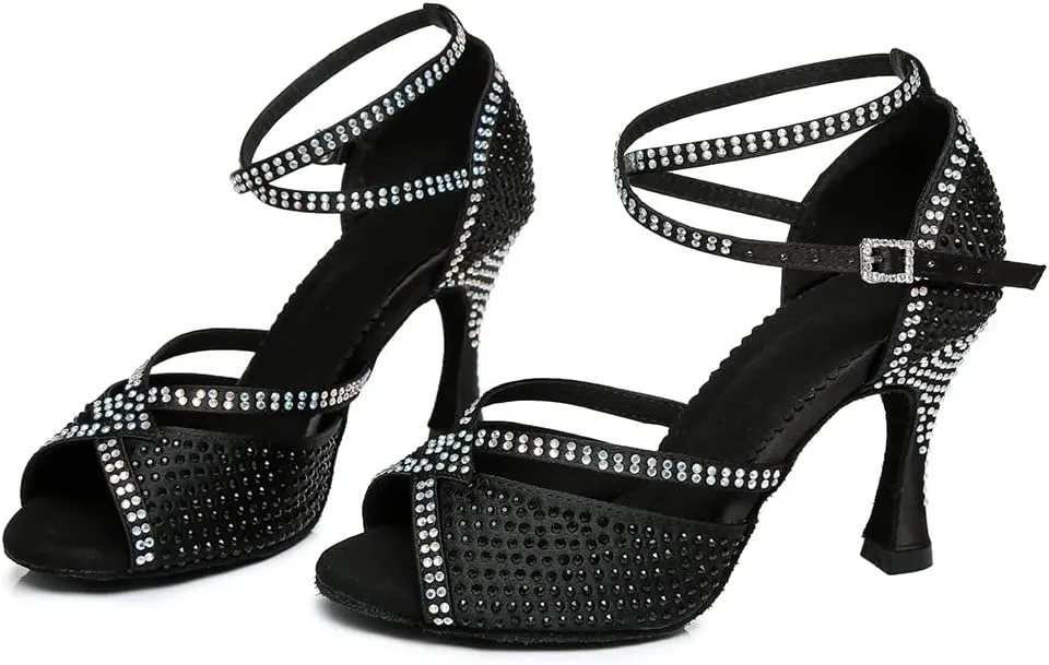 JUODVMP Latin Dance Shoes for Women Peep Toe Ballroom Salsa Tango Professional Dance Heels with Rhinestones