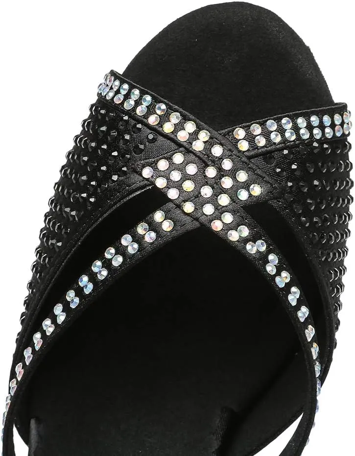JUODVMP Latin Dance Shoes for Women Peep Toe Ballroom Salsa Tango Professional Dance Heels with Rhinestones