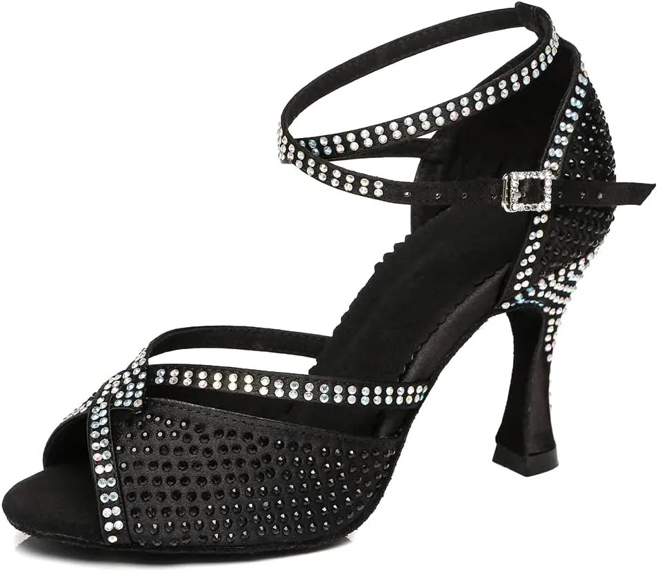 JUODVMP Latin Dance Shoes for Women Peep Toe Ballroom Salsa Tango Professional Dance Heels with Rhinestones