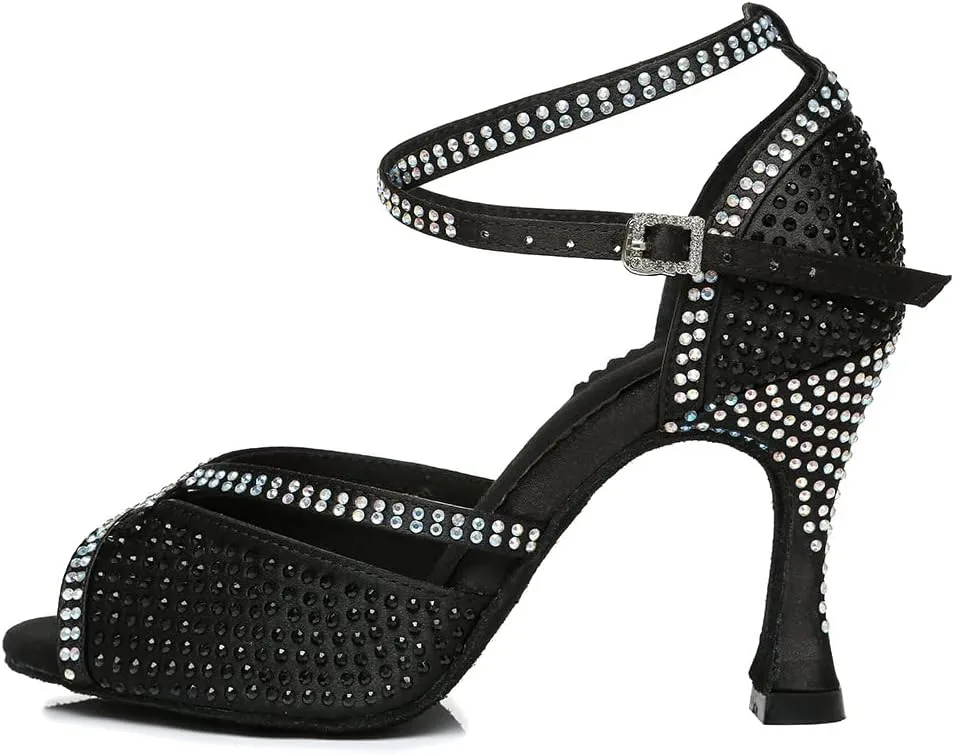JUODVMP Latin Dance Shoes for Women Peep Toe Ballroom Salsa Tango Professional Dance Heels with Rhinestones
