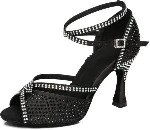 JUODVMP Latin Dance Shoes for Women Peep Toe Ballroom Salsa Tango Professional Dance Heels with Rhinestones