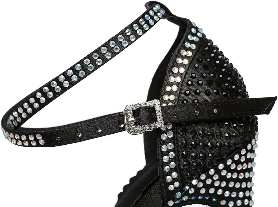 JUODVMP Latin Dance Shoes for Women Peep Toe Ballroom Salsa Tango Professional Dance Heels with Rhinestones