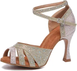 JUODVMP Women's Latin Dance Shoes Cutout Satin Ballroom Salsa Practice Dancing Shoes with Rhinestones,L549