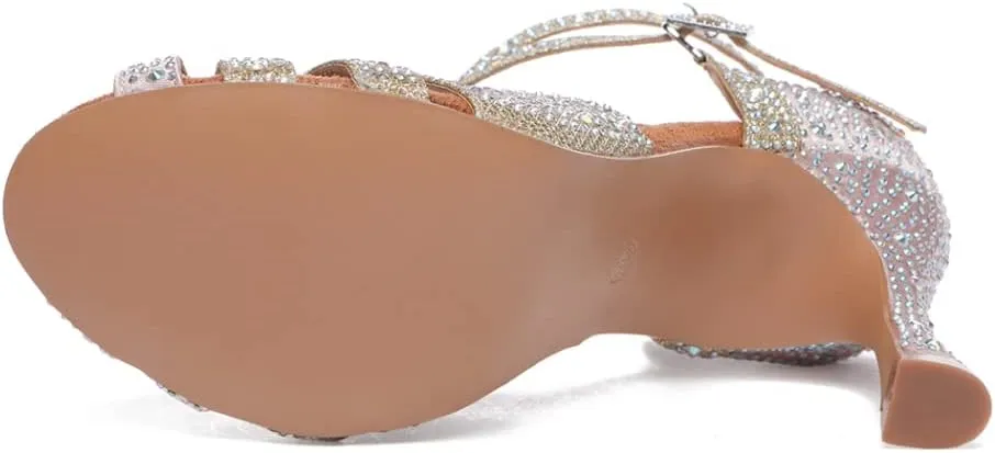 JUODVMP Women's Latin Dance Shoes Cutout Satin Ballroom Salsa Practice Dancing Shoes with Rhinestones,L549