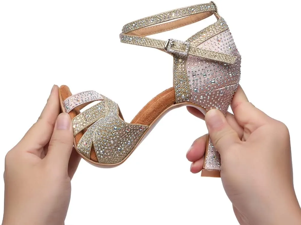JUODVMP Women's Latin Dance Shoes Cutout Satin Ballroom Salsa Practice Dancing Shoes with Rhinestones,L549