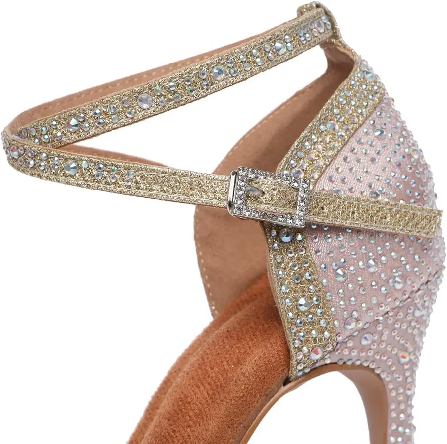 JUODVMP Women's Latin Dance Shoes Cutout Satin Ballroom Salsa Practice Dancing Shoes with Rhinestones,L549