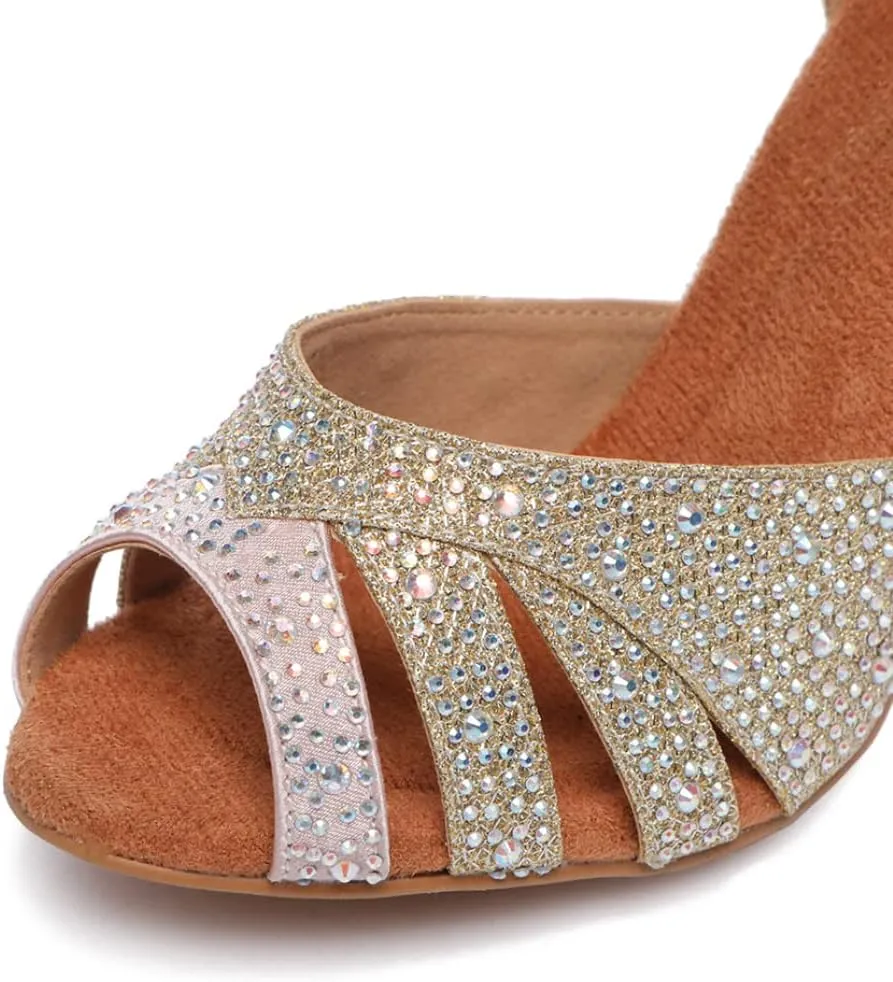 JUODVMP Women's Latin Dance Shoes Cutout Satin Ballroom Salsa Practice Dancing Shoes with Rhinestones,L549