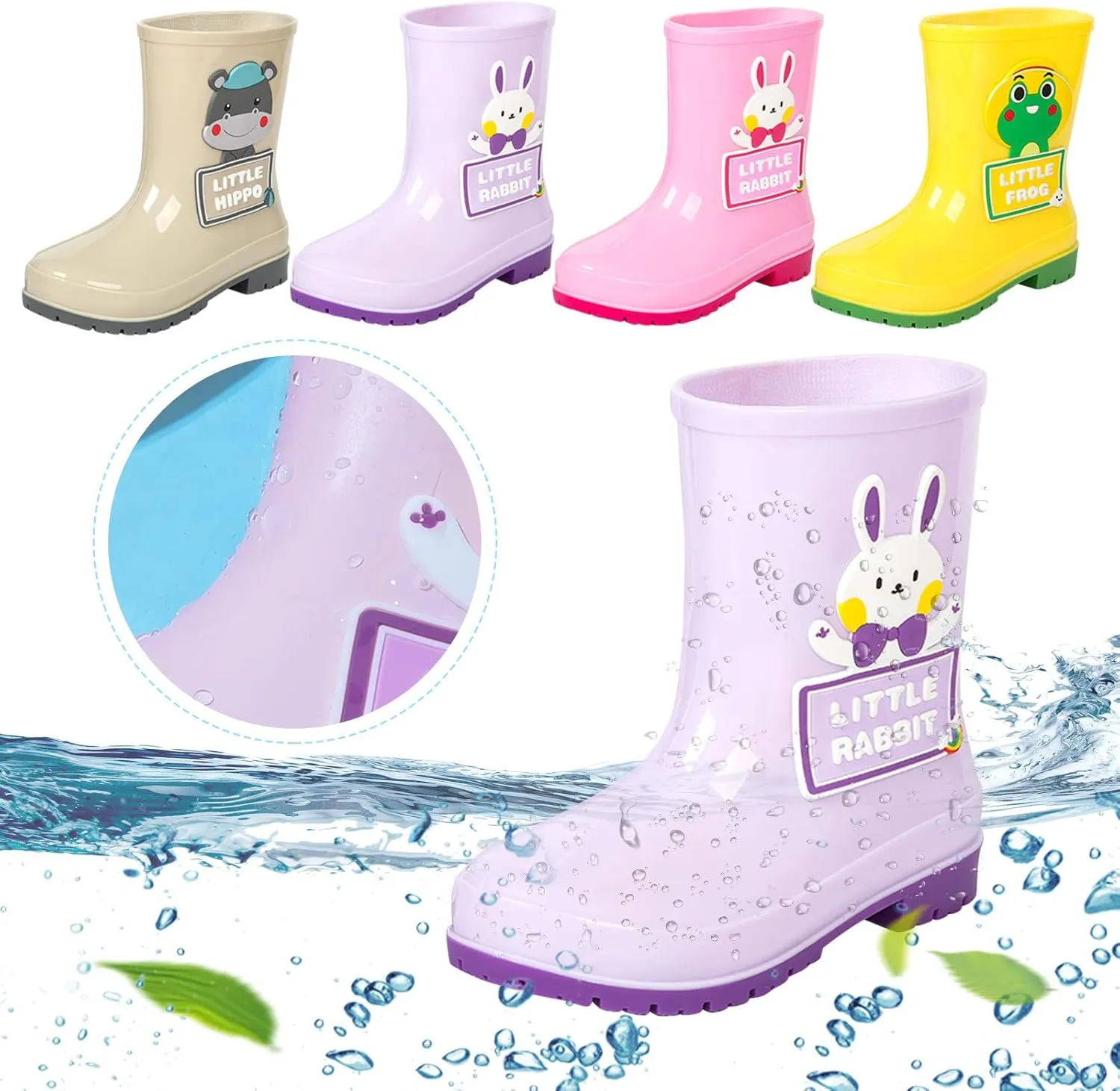 Kids Rain Boots Boys Girls Cute Cartoon Animals Graphic Letter Waterproof Anti-Slip Unisex Water Rainboot Shoes