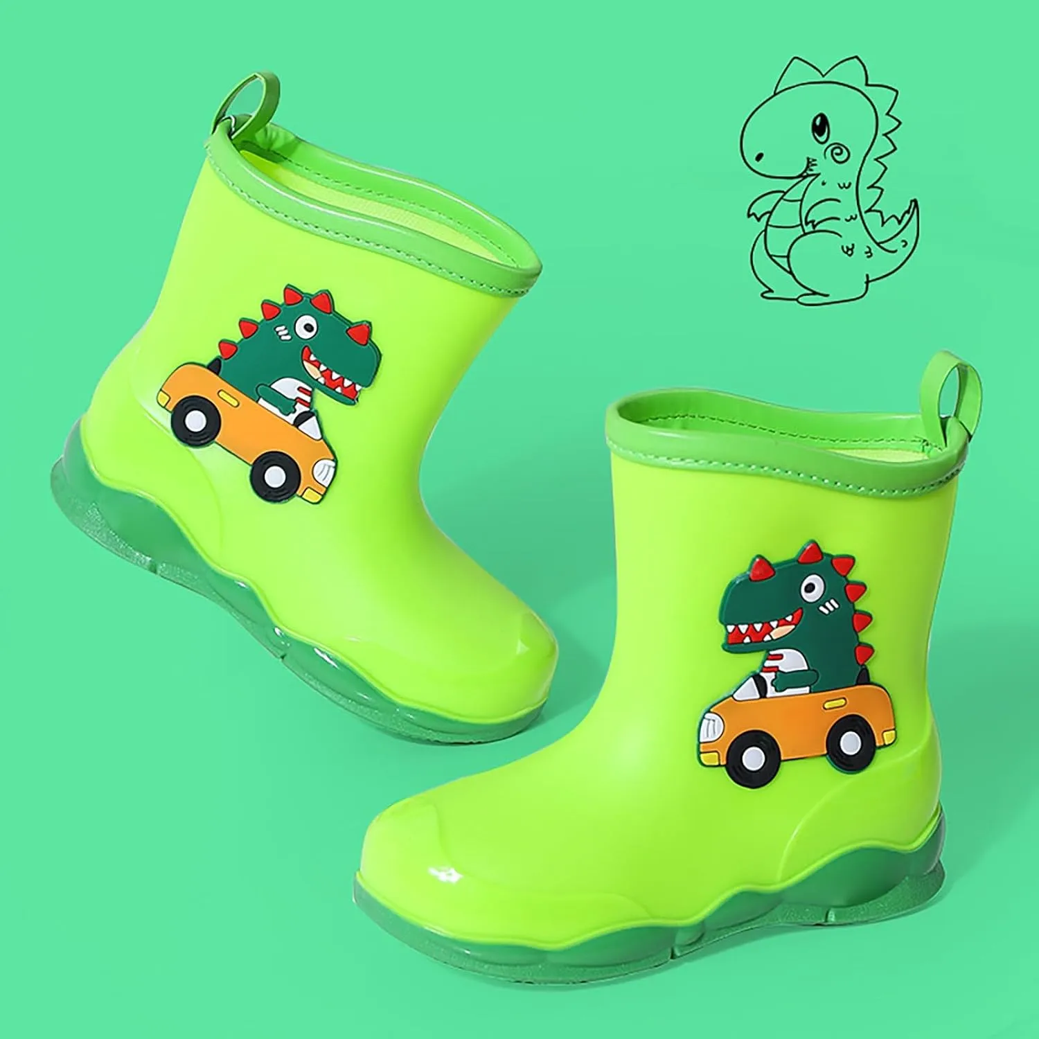 Kids Rubber Cartoon Rain Boots Toddler Shoes Cute Cartoon Dinosaur Waterproof Outdoor Boots for Boys Girls