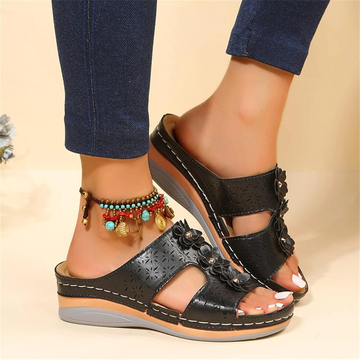 Ladmiple Sandals Women Wedge Slip On Orthotic Slides Comfortable Walking Summer Orthopedic Flip Flops with Arch Support