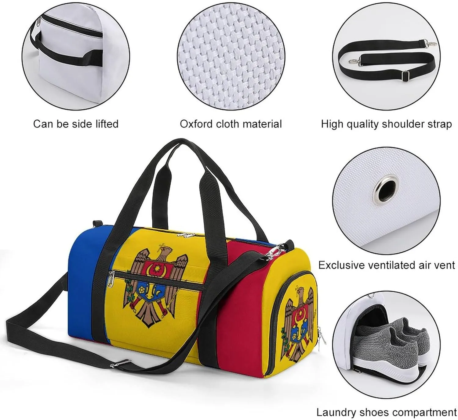 Lightweight Moldova Flag Duffel Bag for Boys Girls with Shoe Compartment Weekender