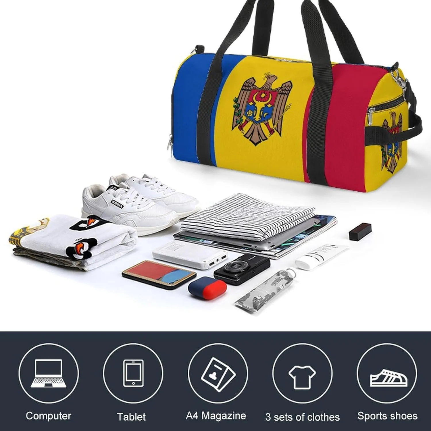 Lightweight Moldova Flag Duffel Bag for Boys Girls with Shoe Compartment Weekender