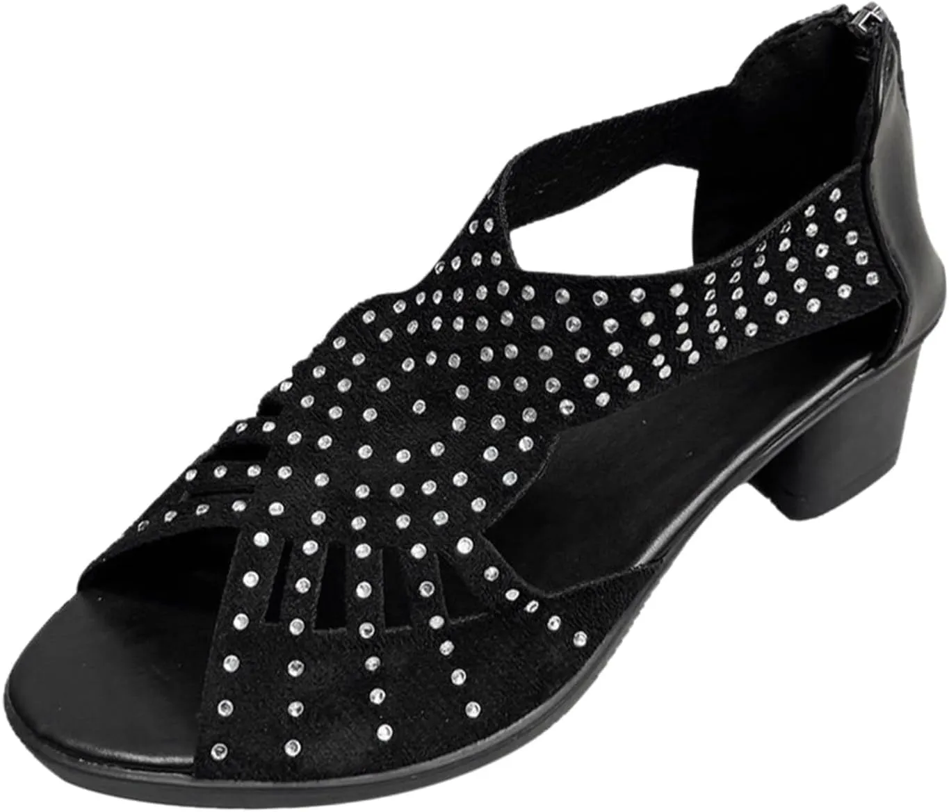 Low Heel Sandals for Women Dressy Summer Slip On Beach Sandals Pearl Zipper Side Pumps Comfortable Open Toe Dress Shoes