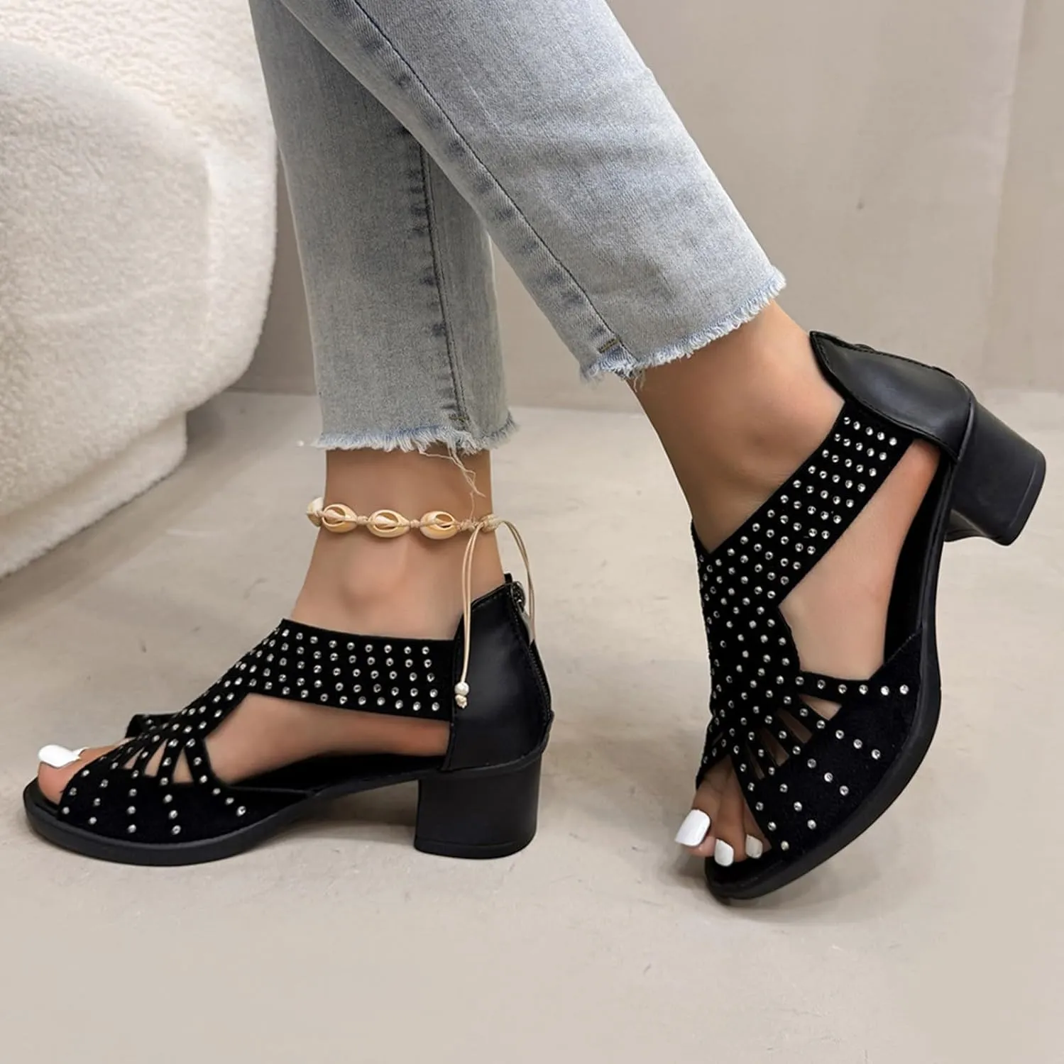 Low Heel Sandals for Women Dressy Summer Slip On Beach Sandals Pearl Zipper Side Pumps Comfortable Open Toe Dress Shoes