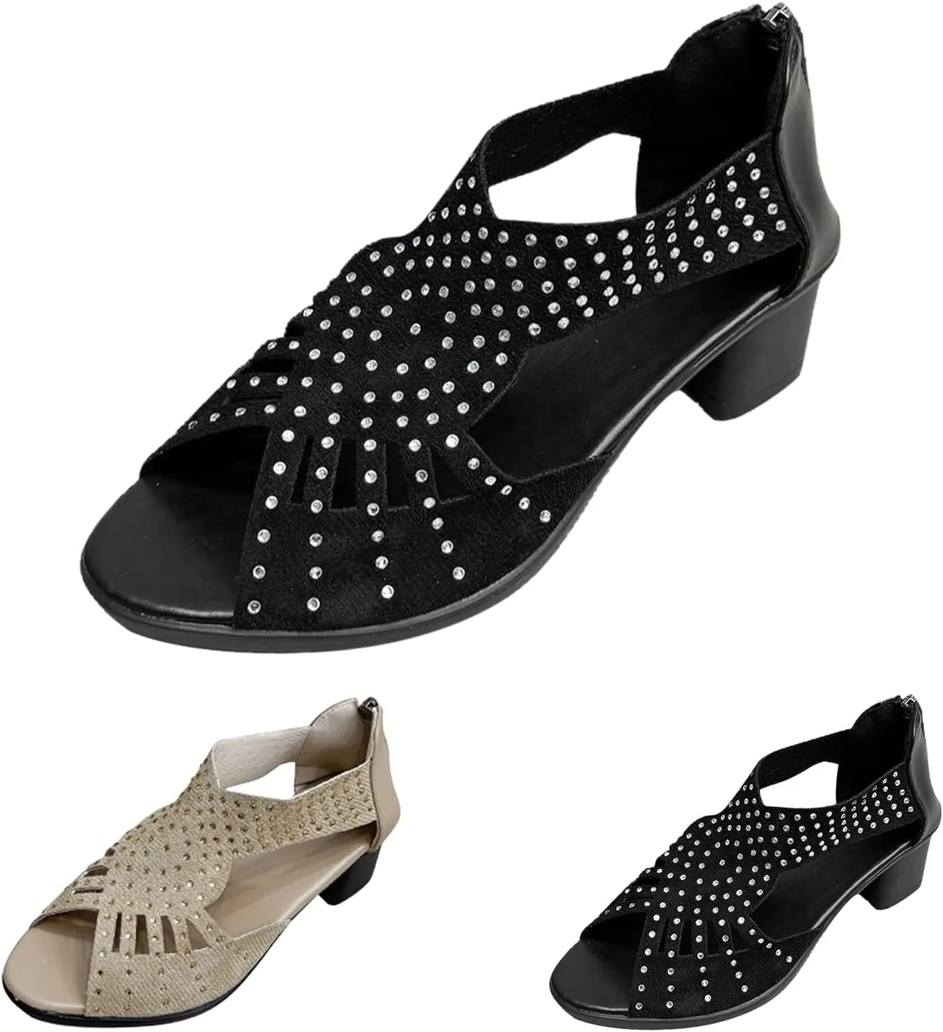 Low Heel Sandals for Women Dressy Summer Slip On Beach Sandals Pearl Zipper Side Pumps Comfortable Open Toe Dress Shoes
