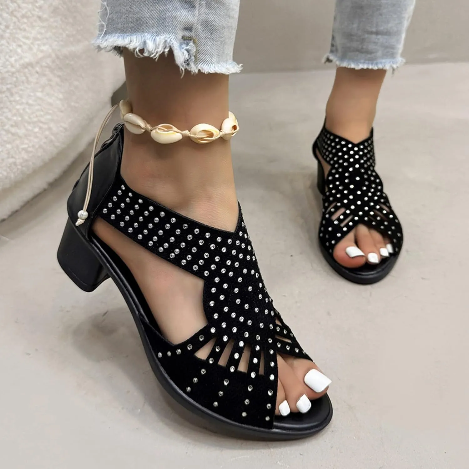 Low Heel Sandals for Women Dressy Summer Slip On Beach Sandals Pearl Zipper Side Pumps Comfortable Open Toe Dress Shoes