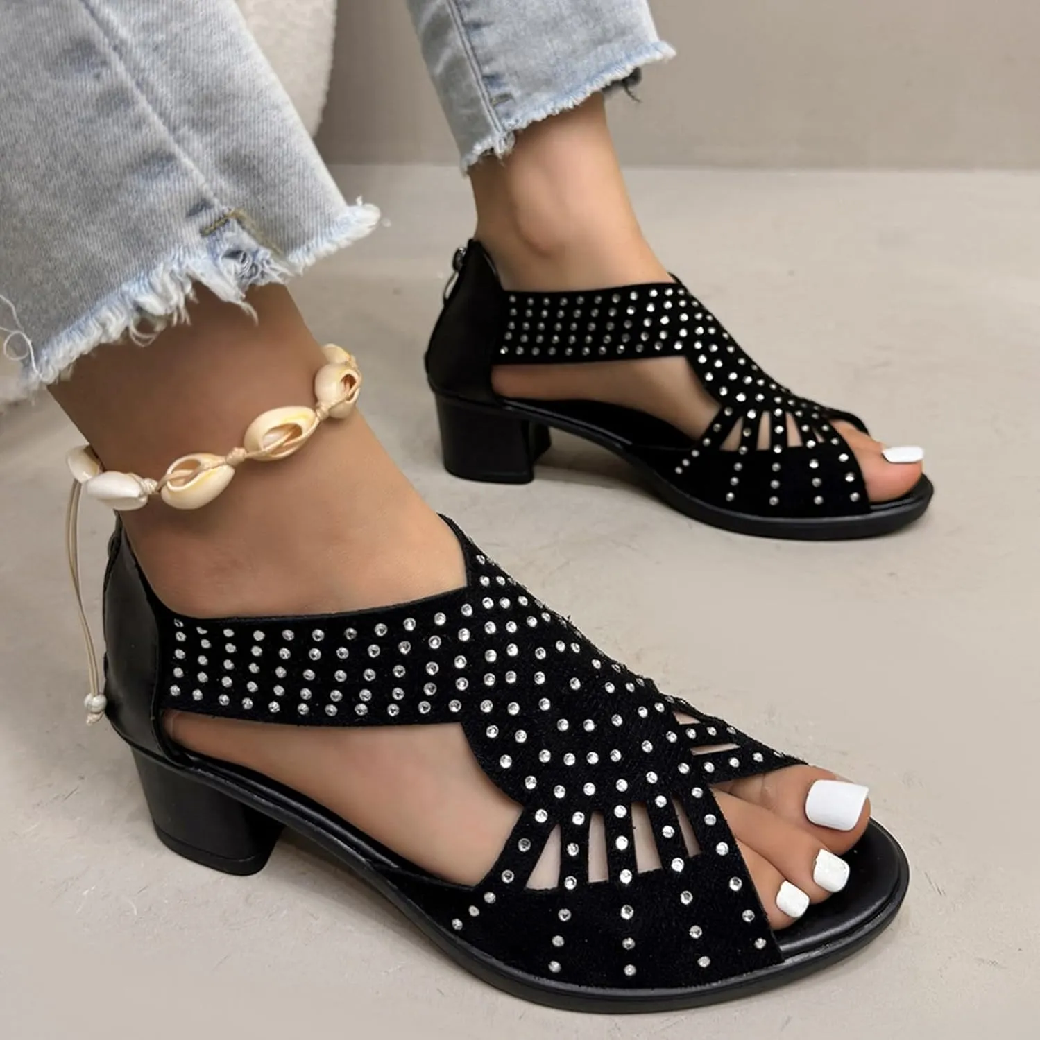Low Heel Sandals for Women Dressy Summer Slip On Beach Sandals Pearl Zipper Side Pumps Comfortable Open Toe Dress Shoes