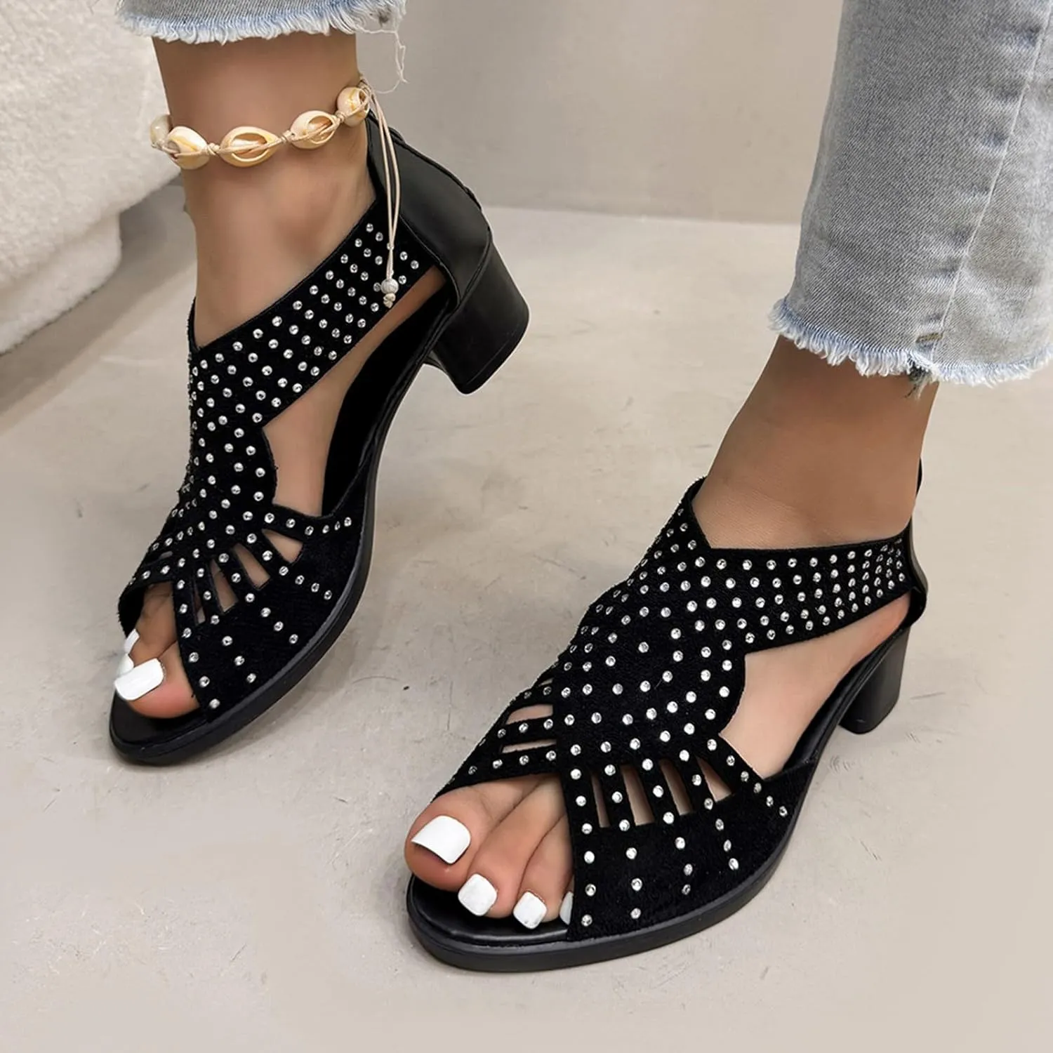 Low Heel Sandals for Women Dressy Summer Slip On Beach Sandals Pearl Zipper Side Pumps Comfortable Open Toe Dress Shoes