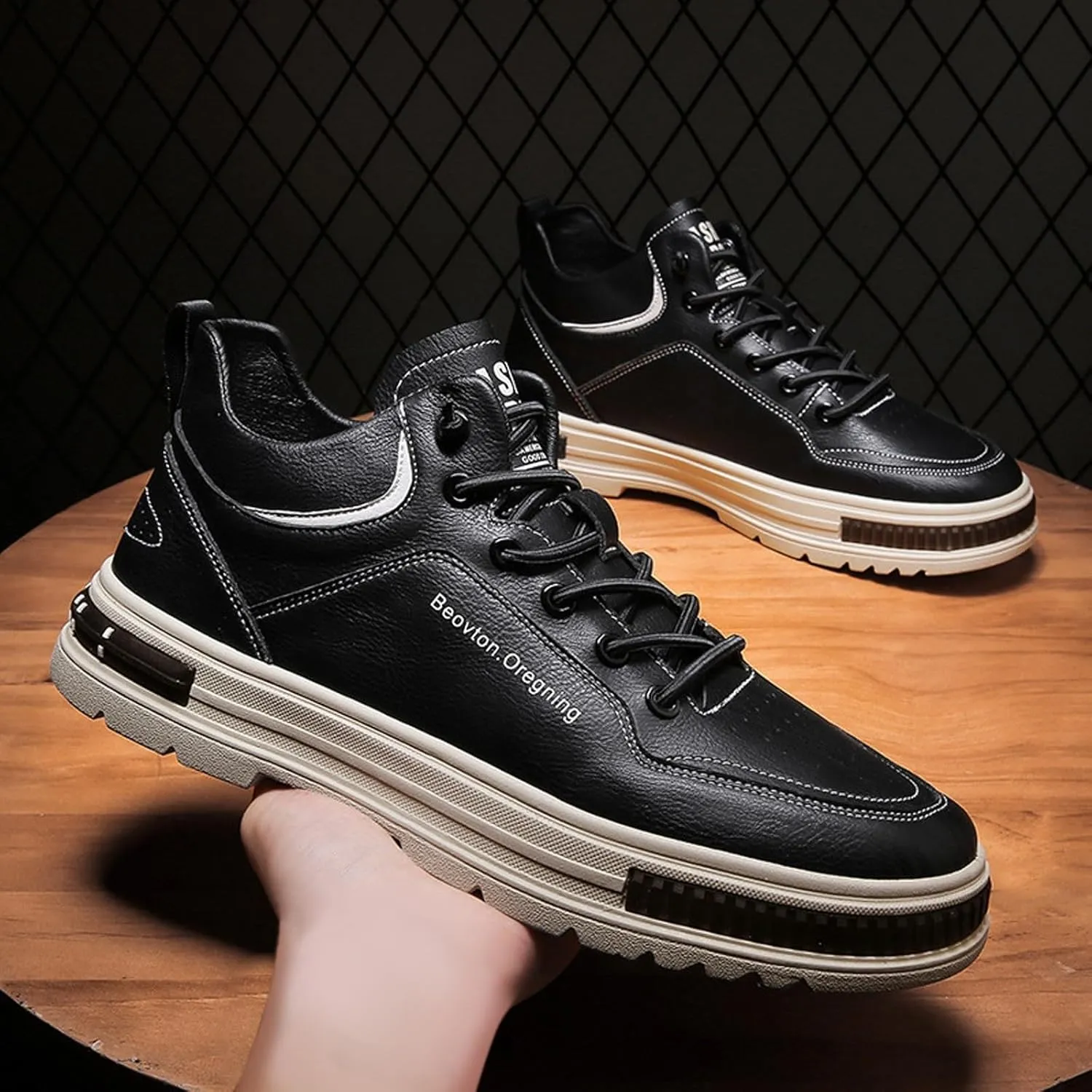 Men's Solid Color Casual Flat Leather Shoes Fashion Lace Up Loafers Sneaker Socks Mens Shoes Sneaker