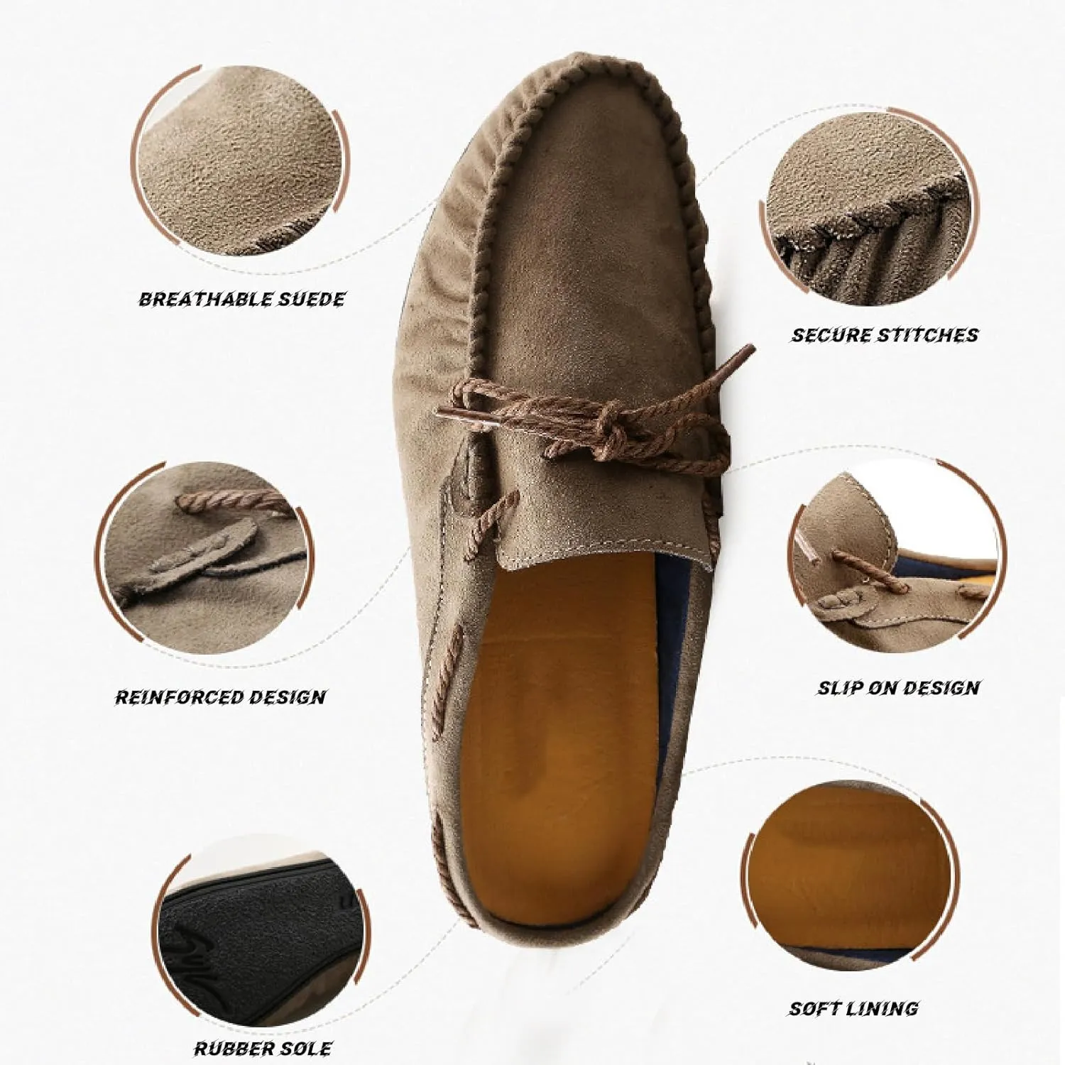 Mens Suede Flat Mules Clog Slippers Breathable Slip On Backless Penny Loafers Indoor Outdoor Anti-Slip Work Casual Sandals