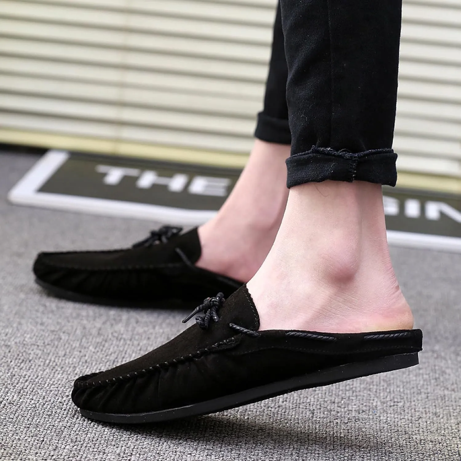 Mens Suede Flat Mules Clog Slippers Breathable Slip On Backless Penny Loafers Indoor Outdoor Anti-Slip Work Casual Sandals