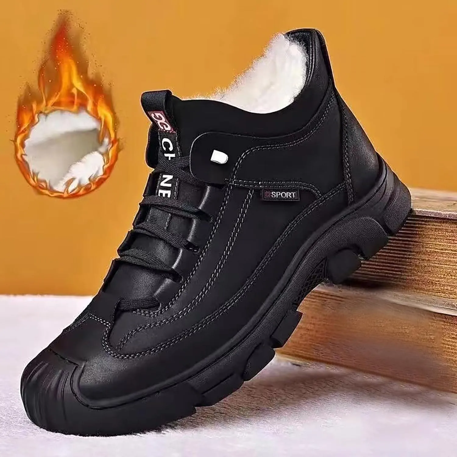 Men's Winter Lace Up Plush and Thickened Casual Soft Sole Slip Fashionable Leather Upper Mens Wide Walking Boots