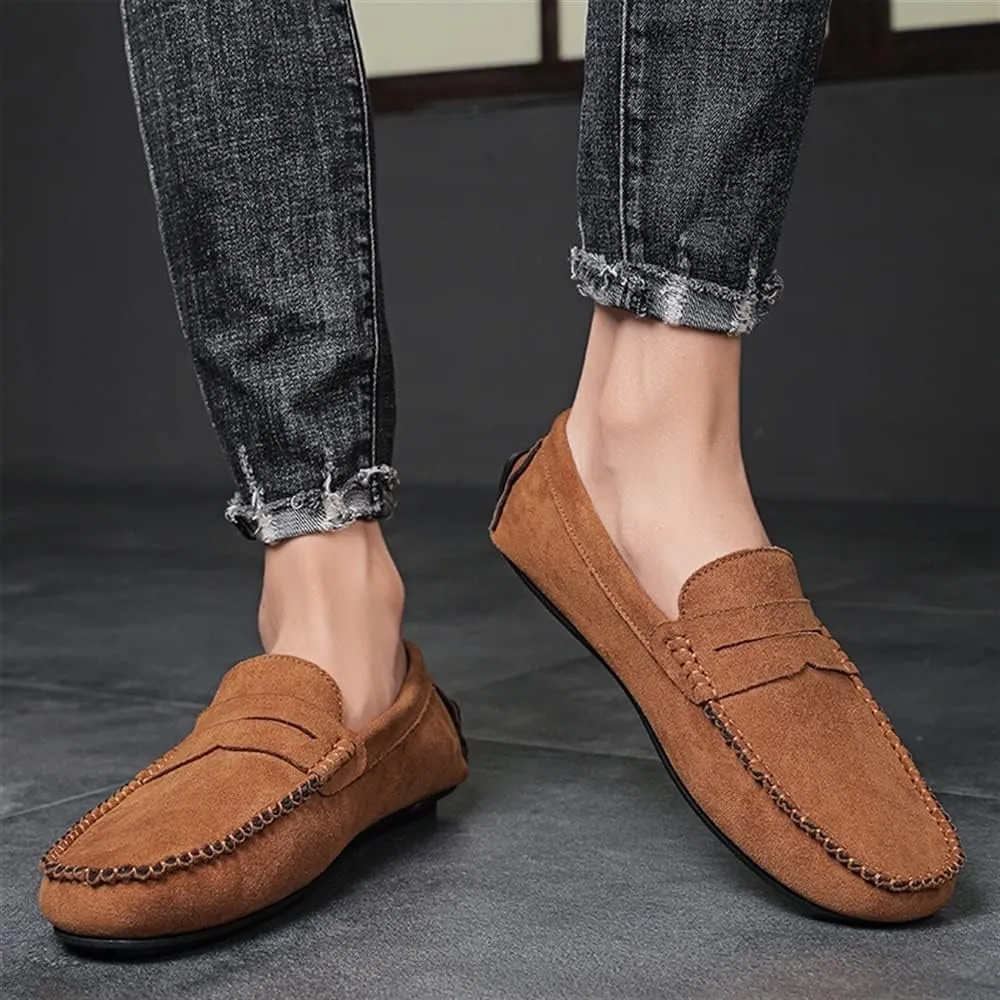 New Mens Loafers Shoe Genuine Leather Round Toe Suede Vamp Penny Loafer Comfortable Lightweight Flexible Prom Wedding Slip-on