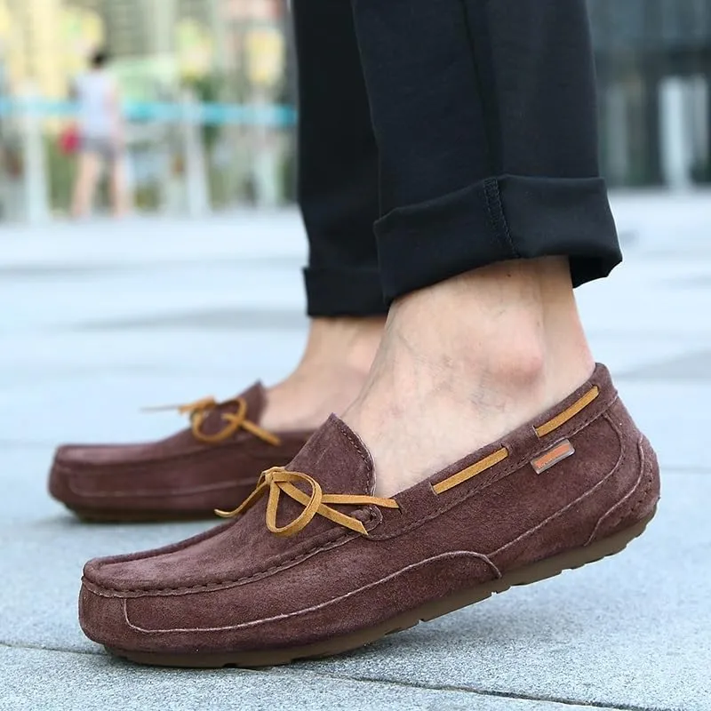 New Mens Loafers Shoe Square Toe Solid Color Suede Vamp Boatshoes Flat Heel Anti-Slip Lightweight Wedding Slip On