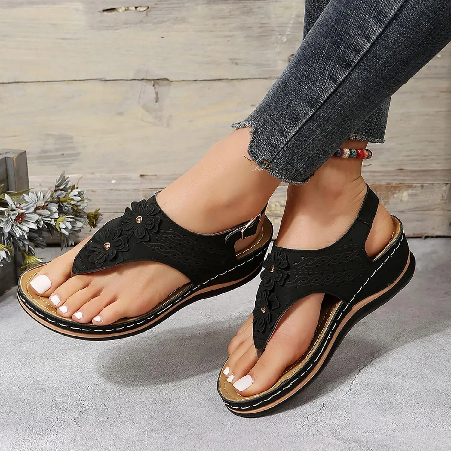 Orthopedic Sandals for Women Arch Support Orthotic Adjustable Straps Lightweight Cushion Walking Sandals Non Slip Sole Dressy Beach Footwear Summer Flip Flops for Women